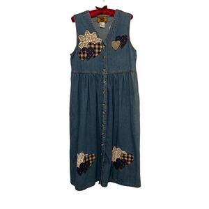 Denim Jumper Embroidered w/ lace button up V-neck vintage sz PM